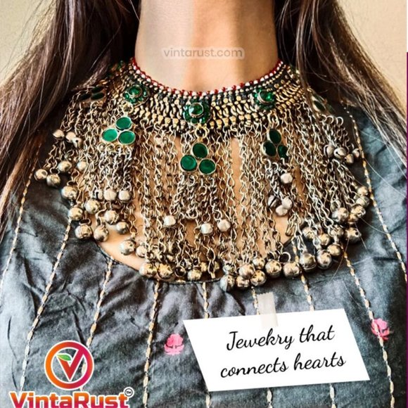 Massive Afghan Tribal Jewelry Set, Antique Kuchi Long Dangling Bells Necklace - Picture 1 of 6